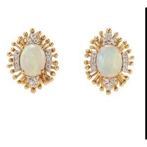 Vintage Cabochon Opal & Diamond Halo Earrings 14K Gold